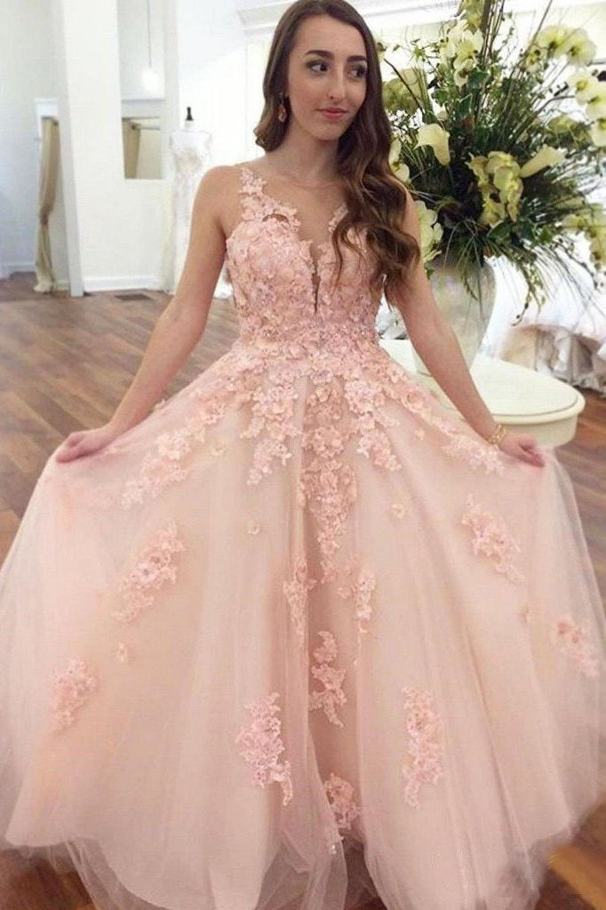 Elegant Pink Ball Gown Prom Dresses With Lace Appliques DMO90