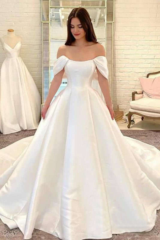 A-Line Off the Shoulder Satin Long Wedding Dresses Elegant Bridal Dresses DMW24