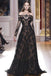 Romantic Long Sleeves Off the Shoulder Lace Appliques A Line Black Prom Dresses DMG33