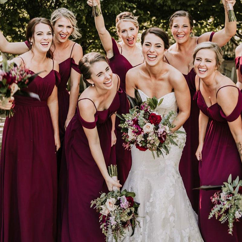 Spaghetti Straps Cheap Chiffon Off Shoulder Burgundy Bridesmaid Dresses DMG61