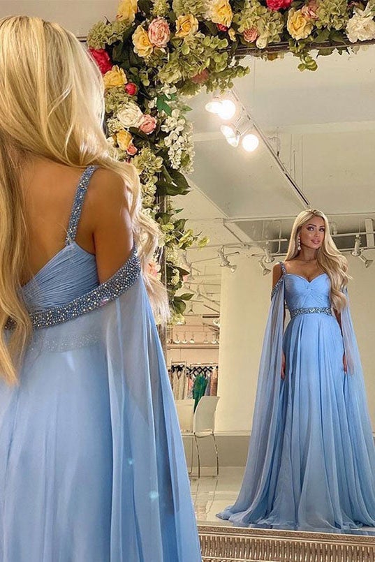 Sky Blue A Line Chiffon Long Prom Dresses Beading Evening Dress DMP093