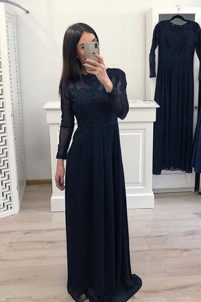 Elegant A Line Long Sleeve Chiffon Navy Blue Appliques Prom Dresses DMH58