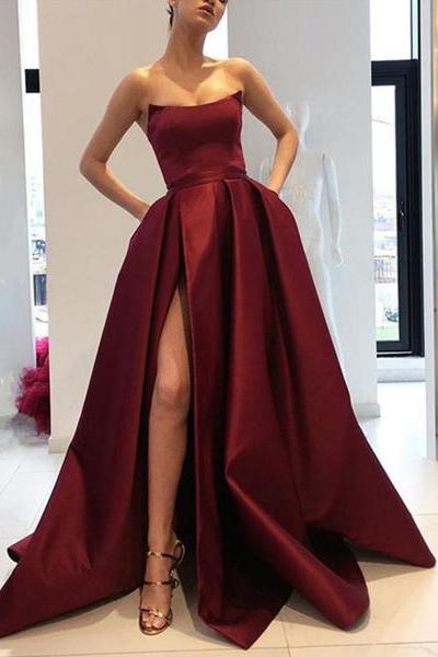 Burgundy Strapless A Line Long Satin Prom Dresses With Split DMB47