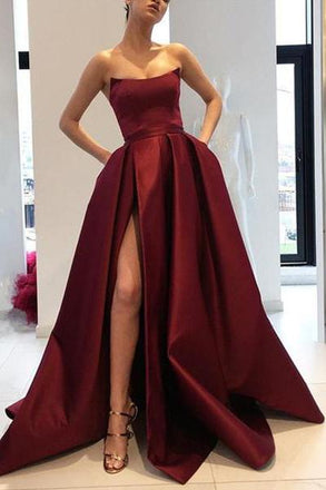 Burgundy Strapless A Line Long Satin Prom Dresses With Split DMB47
