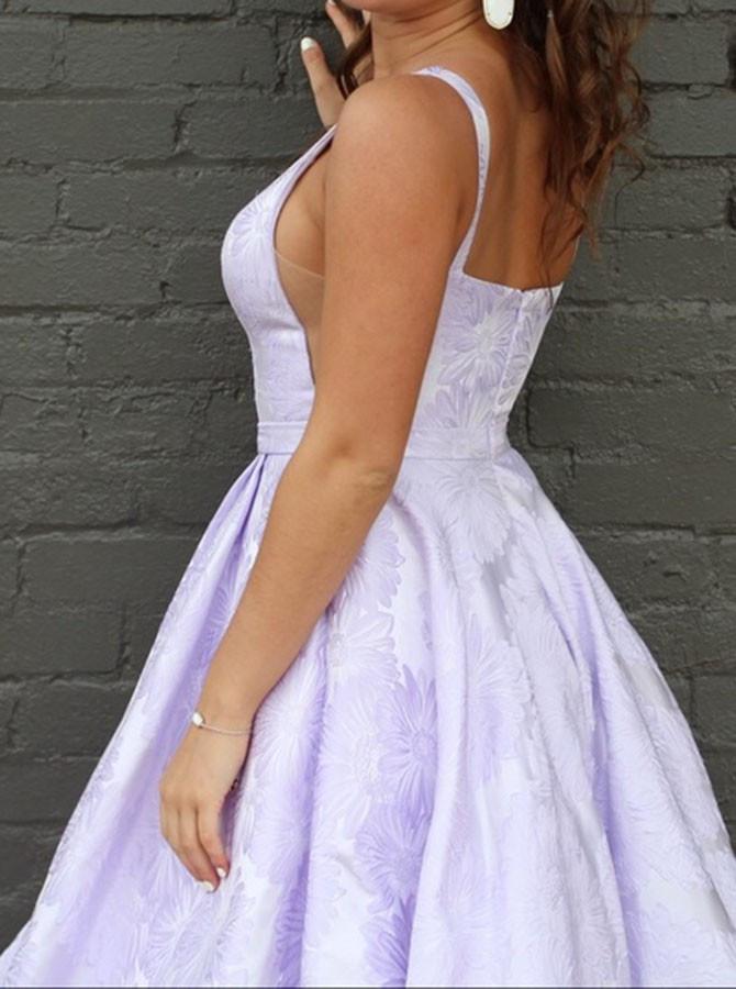 A-Line Floor-Length Lilac Printed Prom Dress, Simple Long Evening Dresses DMJ12