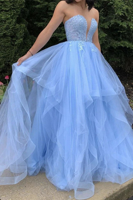 A-line Fluffy Sky Blue Lace Top Fashion Prom Dress, Strapless Tulle Evening Dresses DMP133