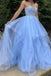 A-line Fluffy Sky Blue Lace Top Fashion Prom Dress, Strapless Tulle Evening Dresses DMP133