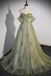 A Line Green Tulle Sweetheart Long Prom Dress, Formal Evening Dress with Beading DMP293