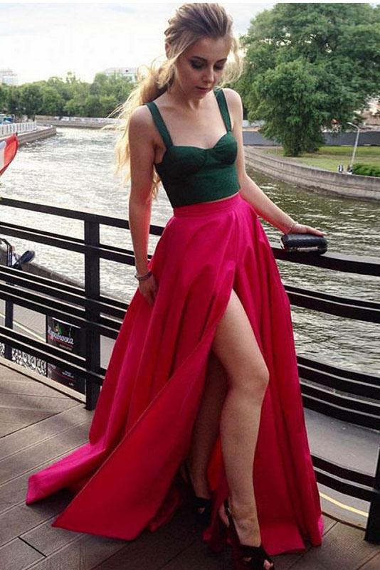 Two Piece A-Line Square Neck Fuchsia Satin Split Prom Dress With Green Top DMF53