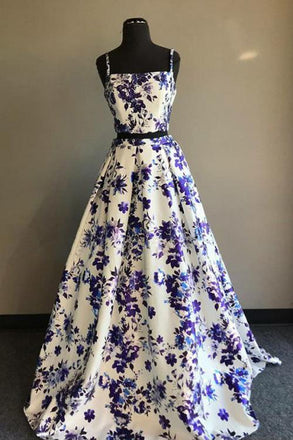 Cheap Long Two Piece A Line Floral Printed Straps Prom Dress DMB92