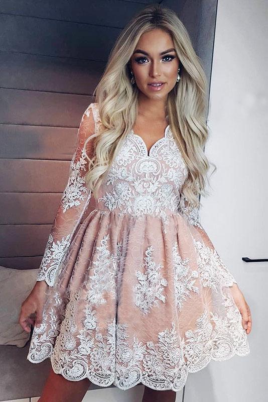 A-Line V-neck Long Sleeves Short Pink Homecoming Dress with Appliques DMM19