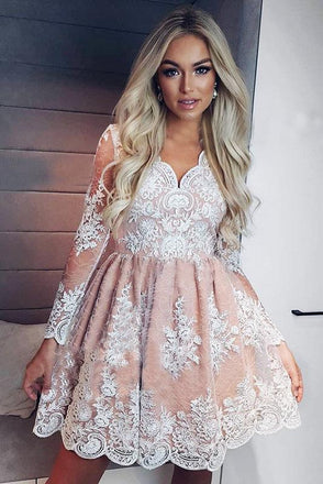 A-Line V-neck Long Sleeves Short Pink Homecoming Dress with Appliques DMM19