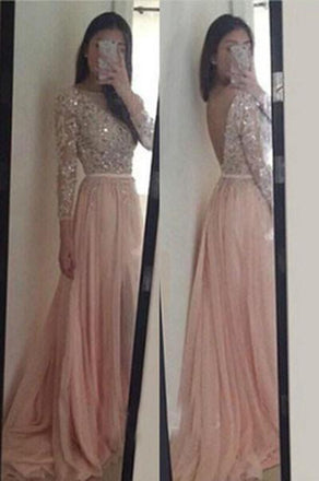 Blush Pink Long Sleeves Lace Backless Prom Dresses, Long Evening Dress DM135