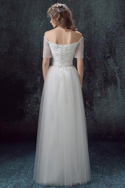 Simple Tulle Off Shoulder Floor-Length Short Sleeves A-line Lace Up Back Wedding Dress DM802