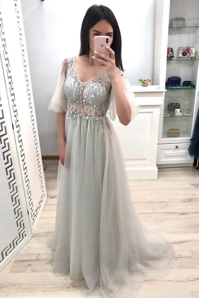 A Line V Neck Short Sleeves Prom Dresses, Long Tulle Prom Gown DMK26