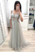 A Line V Neck Short Sleeves Prom Dresses, Long Tulle Prom Gown DMK26