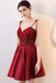 Burgundy V Neck A Line Satin Straps Short Homecoming Dresses DMC30