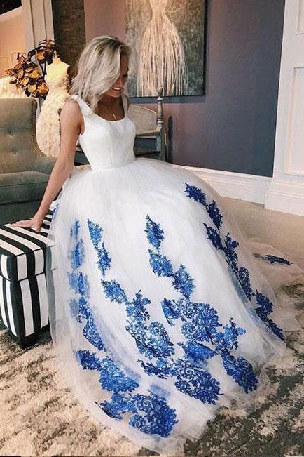 White Scoop Tulle Blue Lace Long Prom Dress, Evening Dress DME27