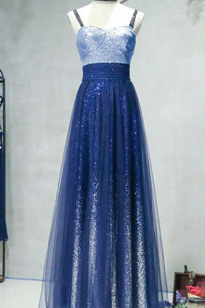 A-line Spaghetti Strap Sleeveless Royal Blue Tulle Sequins Modest Long Prom Dress DM616