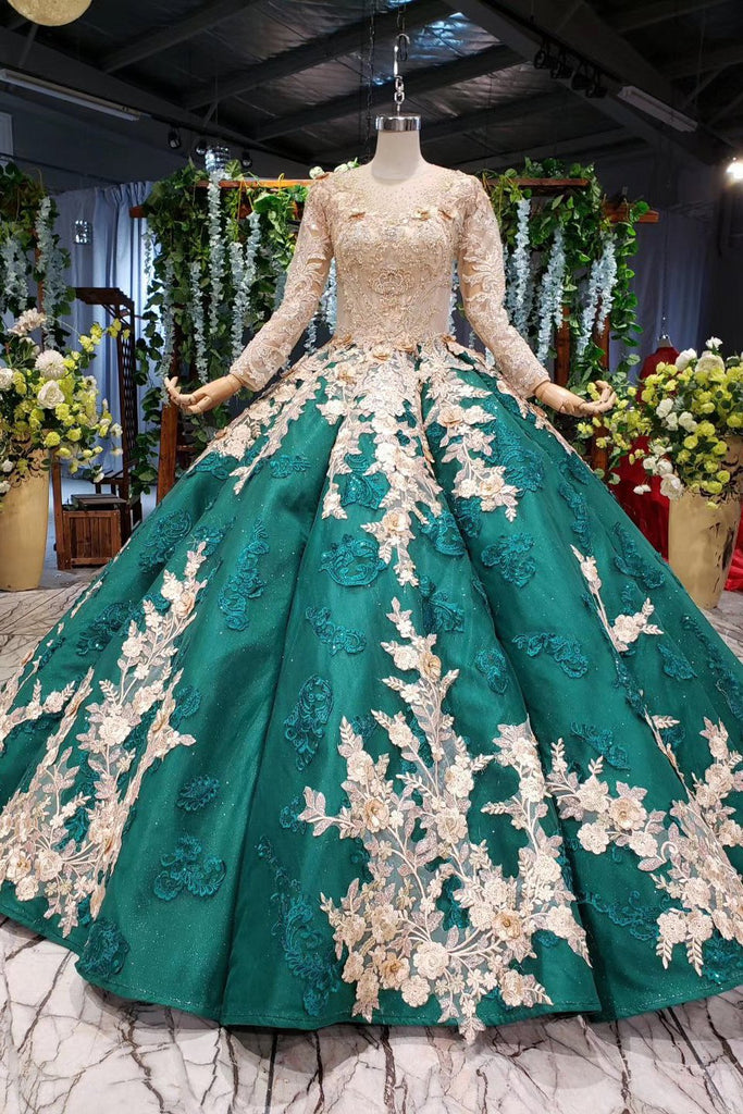 Long Sleeve Ball Gown Wedding Dress Appliques Beading Quinceanera Dresses DMR12