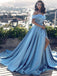 Off Shoulder Blue Prom Gown with Slit, Long Formal Evening Dress with Sweep Train DMD95