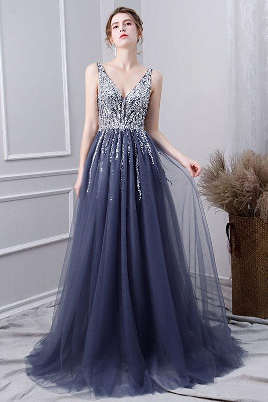 A Line V Neck Tulle Navy Blue Long Prom Dresses With Beading DML29