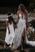 Boho Deep V Neck A Line Lace Wedding Dresses With Slit, Spaghetti Straps Bridal Gowns DMW13