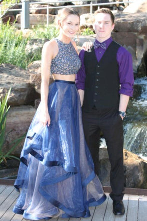 Elegant Two Pieces A-Line Blue Organza Long Prom Dresses With Beads DMB20