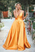 Orange Spaghetti-Straps Elegant V-Neck Backless Sleeveless Prom Dresses DMN7