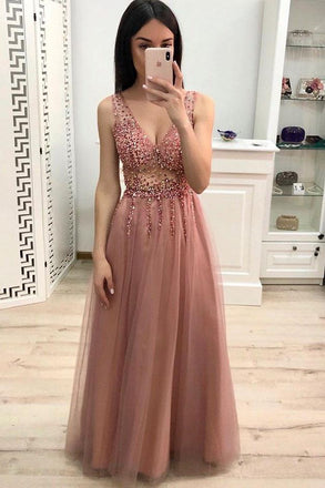 New A Line V Neck Beading Prom Dresses, Long Tulle Prom Dress DMK23