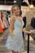 A-line White and Blue Sequined Party Dresses V Neck Short Homecoming Dress DMHD7
