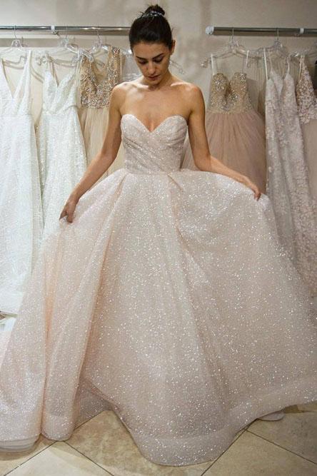A-Line Sweetheart Ivory Lace Sparklely Wedding Dress with Sequins DMR16