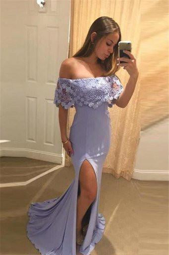 Pretty Lavender Off Shoulder With Lace Split Mermaid Prom Dresses DMF15