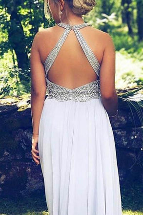 A Line Chiffon Beaded Sleeveless Long Open Back Prom Dresses DMH25