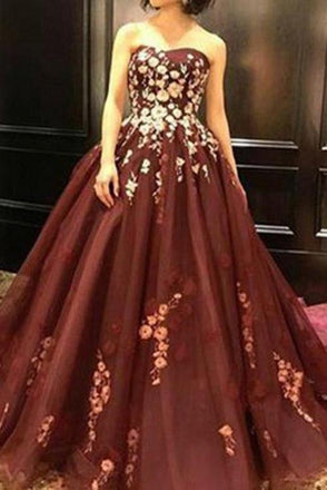 Strapless Burgundy Sleeveless Long Prom Dress with Appliques DMH36