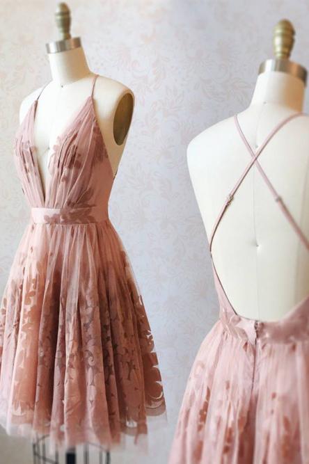 Spaghetti Straps Short Pink Homecoming Dress Criss Cross Back DMO75