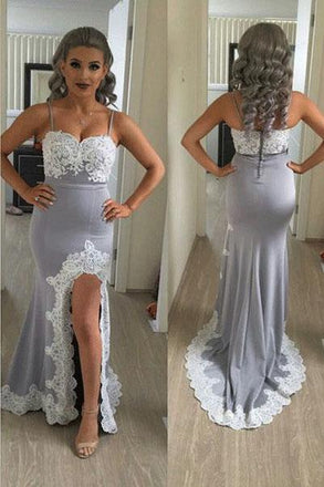 Mermaid Split Side Sexy Spaghetti Straps Lace Long Prom Dress DMF12