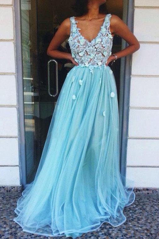 A-Line V-Neck Floor-Length Tulle Long Prom Dress with Appliques DMQ96