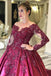 Long Sleeves Lace Appliques Burgundy Court Train Ball Gown Prom Dresses DMS8