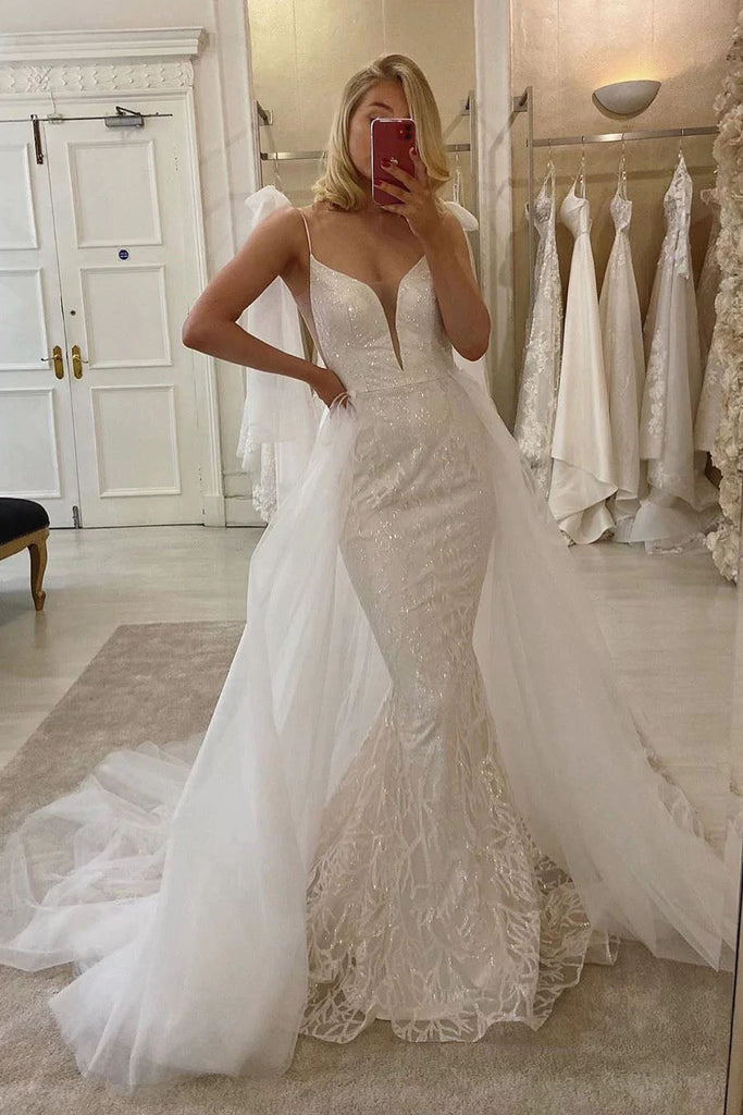 Unique Spaghetti Long Mermaid Sequin lace Wedding Dresses, Bridal Dresses DM1943