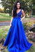 A-Line V-Neck Royal Blue Satin Prom Dress with Beading Pockets DMJ14