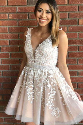 Princess V Neck Short A Line Lace Homecoming Dress,Graduation Dresses DMA64