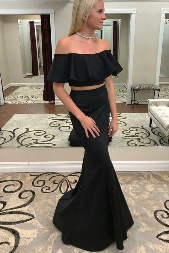 Modest Two Piece Mermaid Off-the-Shoulder Black Prom Dress with Ruffles DM757