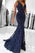 Elegant Navy Blue V Neck Long Lace Mermaid Prom Evening Dresses DM613