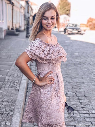 Elegant Off the Shoulder Blush Lace Short Homecoming Dresses DMM73