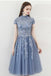 Blue A Line Tulle Cap Sleeves High Neck Homecoming Dresses With Lace Appliques DMC6