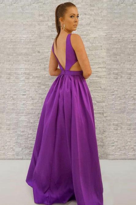 Simple A-Line Deep V-Neck Backless Long Purple Satin Prom Dress with Pockets DMJ34