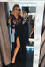 A-Line V-Neck Long Sleeves Black Split Evening Prom Dress with Lace DMF71