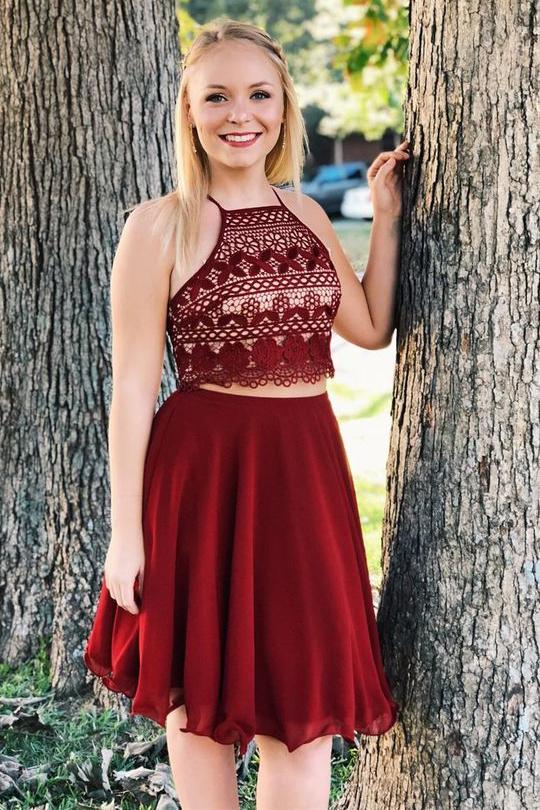 New Arrival Two Piece A Line Short Burgundy Chiffon Homecoming Dress DMB15