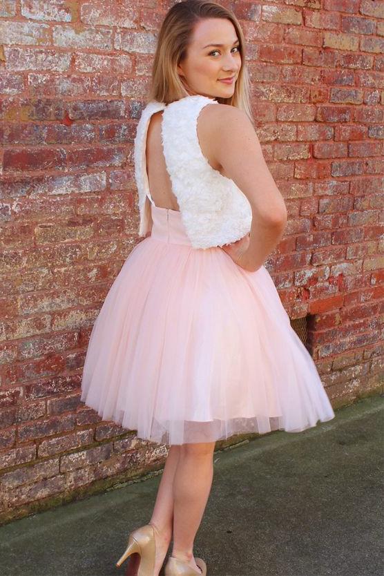 Pink A Line Tulle Short Homecoming Dress with White Lace Top DMB31